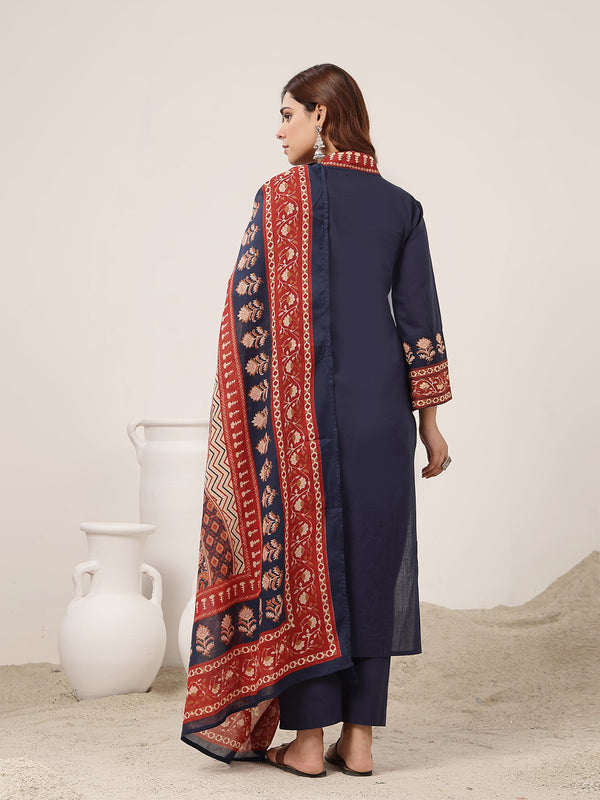 Kimayra Cotton Calf Length Solid 3/4 Sleeve V-Neck Flared Kurta Suit Set