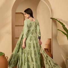Kimayra Cotton Calf Length Printed 3/4 Sleeve Key Hole Neck Anarkali Kurta Suit Set