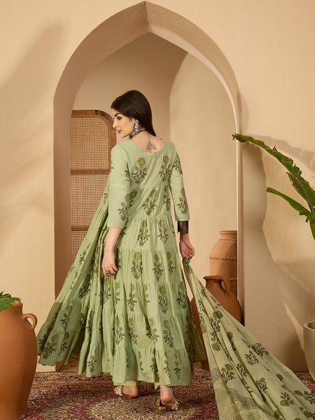 Kimayra Cotton Calf Length Printed 3/4 Sleeve Key Hole Neck Anarkali Kurta Suit Set