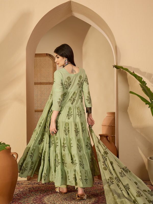 Kimayra Cotton Calf Length Printed 3/4 Sleeve Key Hole Neck Anarkali Kurta Suit Set