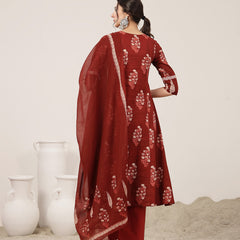 Kimayra Cotton Calf Length Printed 3/4 Sleeve V-Neck Flared Kurta Suit Set