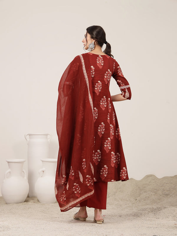 Kimayra Cotton Calf Length Printed 3/4 Sleeve V-Neck Flared Kurta Suit Set