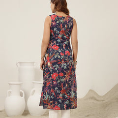 Kimayra Cotton Calf Length Printed Sleeveless V-Neck Straight Kurta