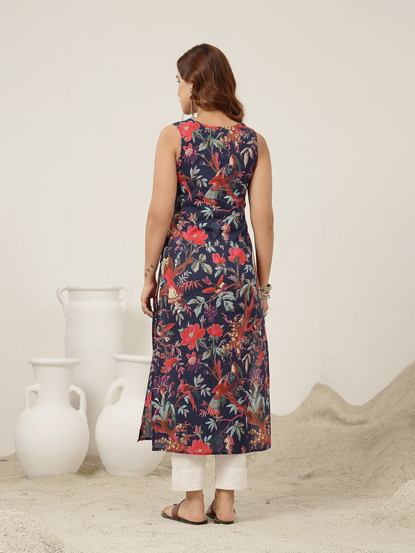 Kimayra Cotton Calf Length Printed Sleeveless V-Neck Straight Kurta