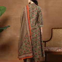 Kimayra Cotton Calf Length Printed 3/4 Sleeve V-Neck Flared Kurta Suit Set