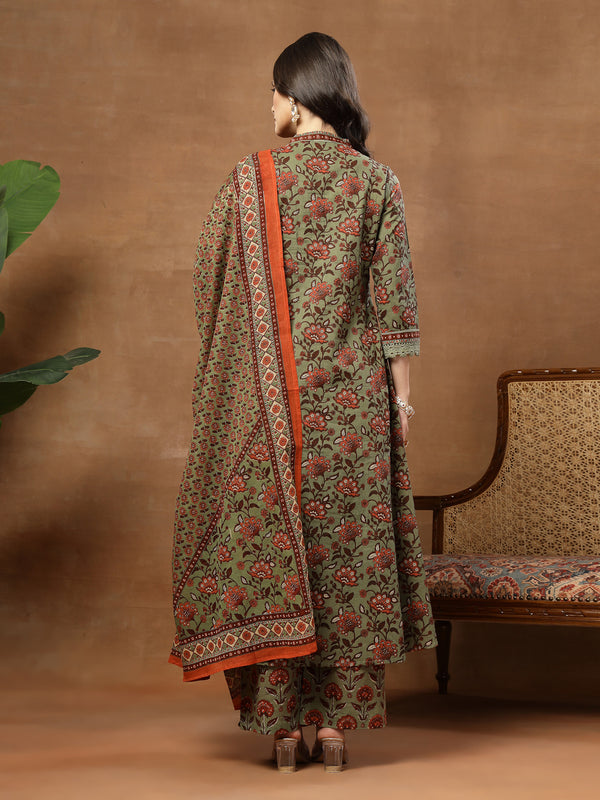 Kimayra Cotton Calf Length Printed 3/4 Sleeve V-Neck Flared Kurta Suit Set