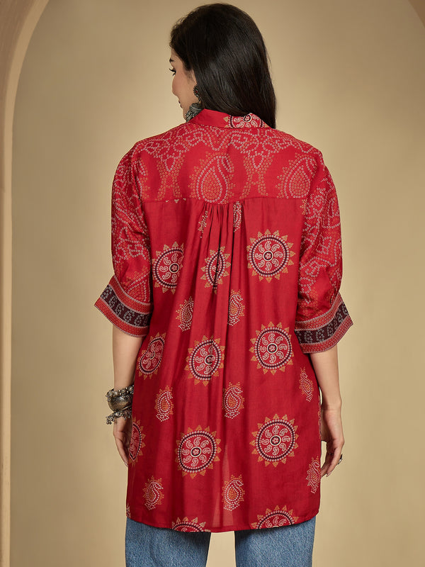Kimayra Rayon Hip Length Printed 3/4 Sleeve Shirt Collar Flared Top