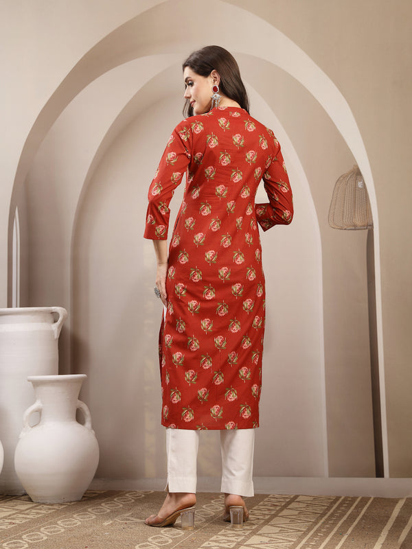 Kimayra Rayon Calf Length Printed 3/4 Sleeve Key Hole Neck Straight Kurta