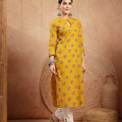 Kimayra Rayon Calf Length Printed 3/4 Sleeve Key Hole Neck Straight Kurta