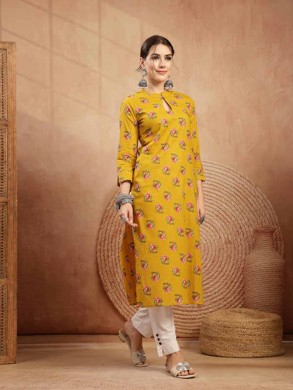 Kimayra Rayon Calf Length Printed 3/4 Sleeve Key Hole Neck Straight Kurta