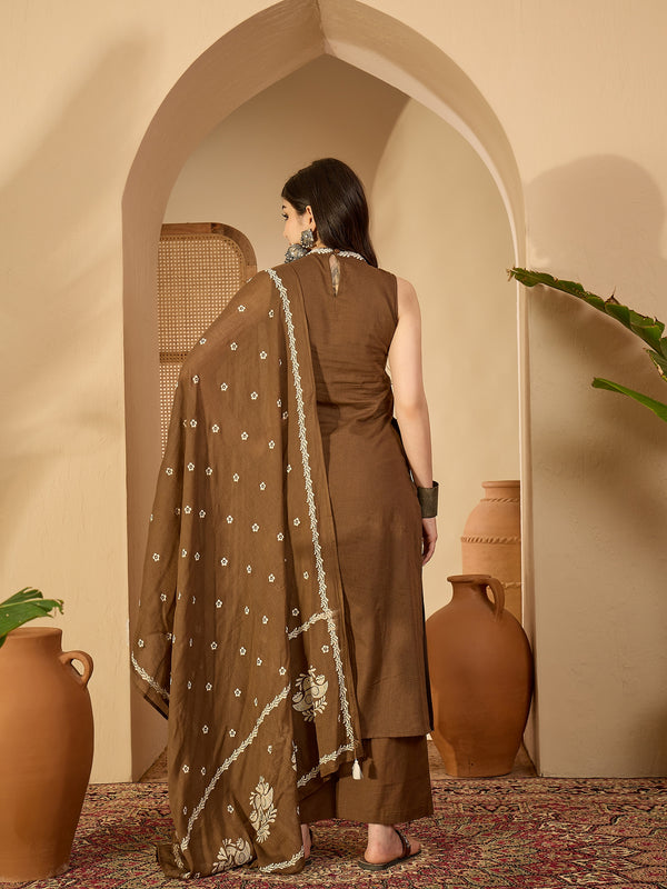 Kimayra Cotton Calf Length Printed Sleeveless Round Neck Straight Kurta Suit Set