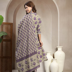 Kimayra Cotton Calf Length Printed 3/4 Sleeve V-Neck A-Line Kurta Suit Set