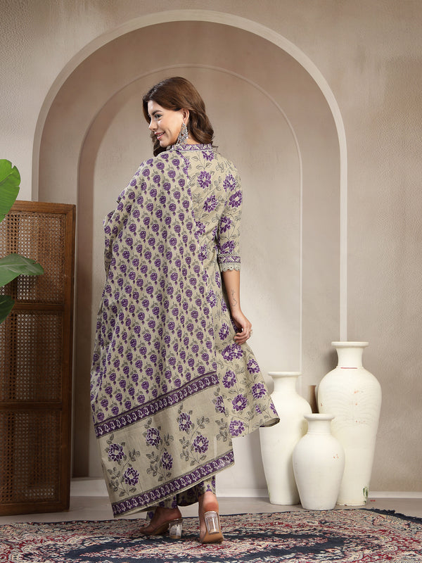 Kimayra Cotton Calf Length Printed 3/4 Sleeve V-Neck A-Line Kurta Suit Set