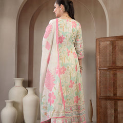 Kimayra Cotton Calf Length Printed 3/4 Sleeve V Neck Flared Kurta Suit Set