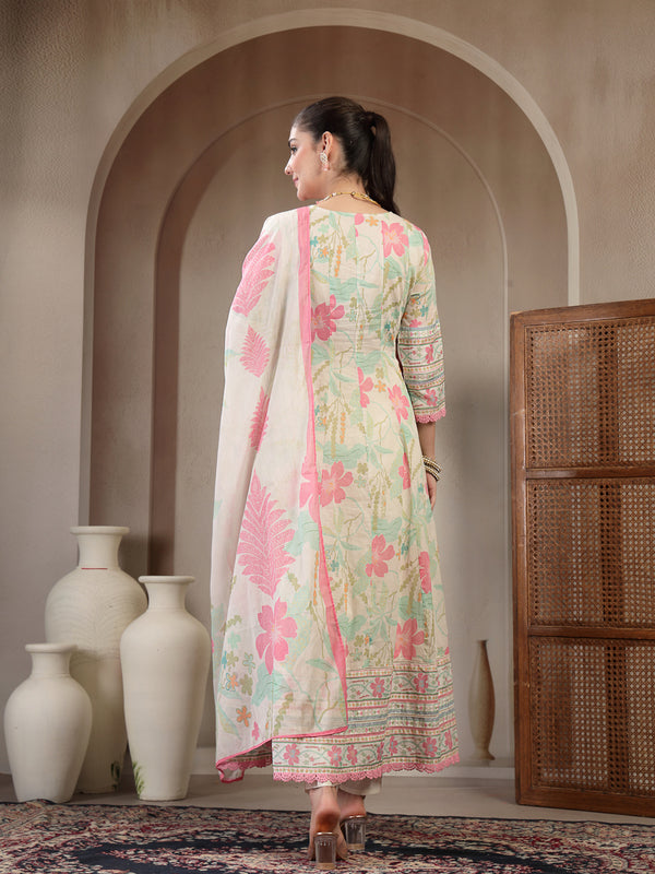 Kimayra Cotton Calf Length Printed 3/4 Sleeve V Neck Flared Kurta Suit Set