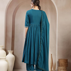 Kimayra Rayon Calf Length Solid 3/4 Sleeve Angrakha Flared Kurta Suit Set