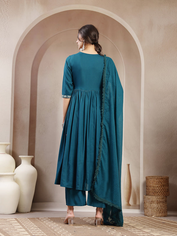 Kimayra Rayon Calf Length Solid 3/4 Sleeve Angrakha Flared Kurta Suit Set