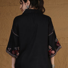 Kimayra Rayon Hip Length Solid 3/4 Sleeves Shirt Collar Flared Top