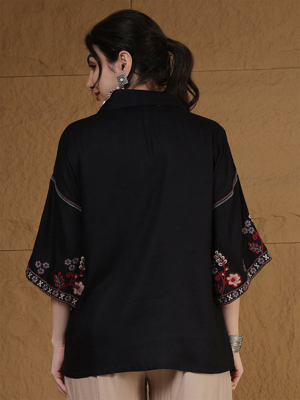 Kimayra Rayon Hip Length Solid 3/4 Sleeves Shirt Collar Flared Top