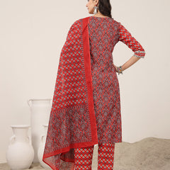 Kimayra Rayon Calf Length Printed 3/4 Sleeve Round Neck Straight Kurta Suit Set