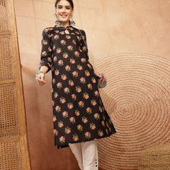 Kimayra Rayon Calf Length Printed 3/4 Sleeve Key Hole Neck Straight Kurta