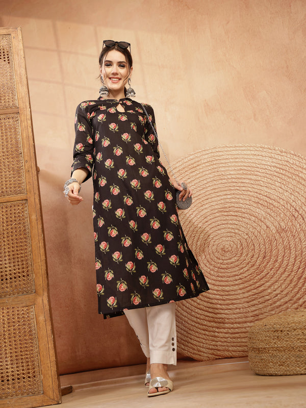 Kimayra Rayon Calf Length Printed 3/4 Sleeve Key Hole Neck Straight Kurta