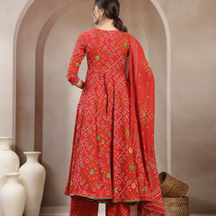Kimayra Cotton Calf Length Printed 3/4 Sleeve Angrakha Flared Kurta Suit Set