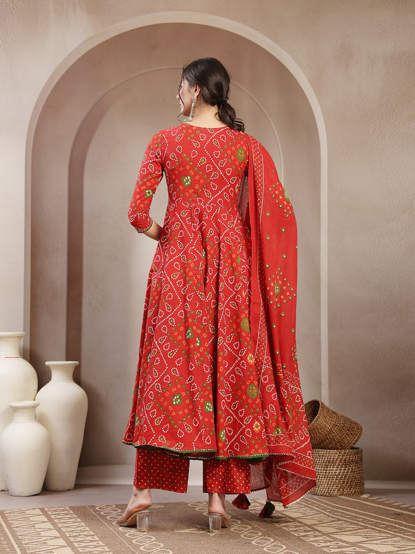 Kimayra Cotton Calf Length Printed 3/4 Sleeve Angrakha Flared Kurta Suit Set