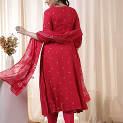 Kimayra Rayon Calf Length Printed 3/4 Sleeves Round Neck Flared Kurta Suit Set