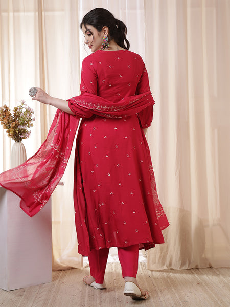 Kimayra Rayon Calf Length Printed 3/4 Sleeves Round Neck Flared Kurta Suit Set