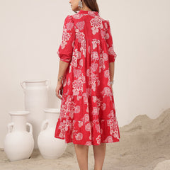 Kimayra Cotton Knee Length Printed 3/4 Sleeve Shirt Collar Flared Dress