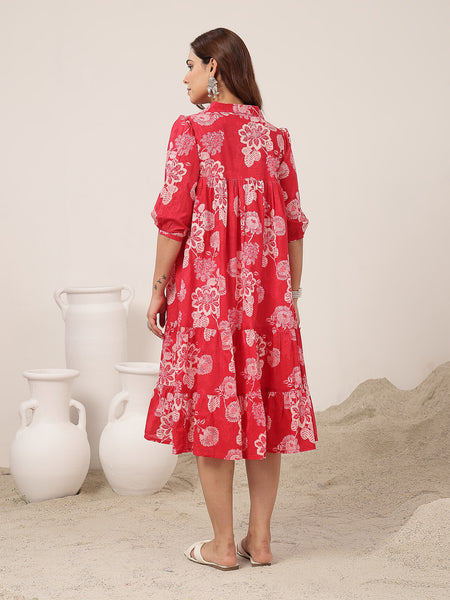 Kimayra Cotton Knee Length Printed 3/4 Sleeve Shirt Collar Flared Dress