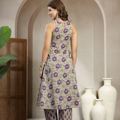 Kimayra Cotton Calf Length Printed Sleeveless Round Neck Flared Kurta Suit Set