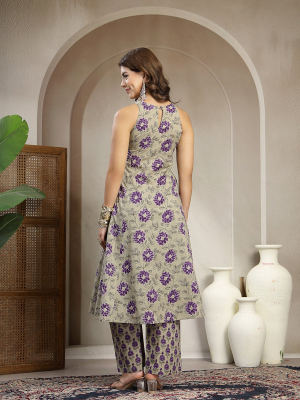 Kimayra Cotton Calf Length Printed Sleeveless Round Neck Flared Kurta Suit Set