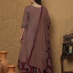 Kimayra Cotton Calf Length Printed 3/4 Sleeves V-Neck Anarkali Kurta Suit Set