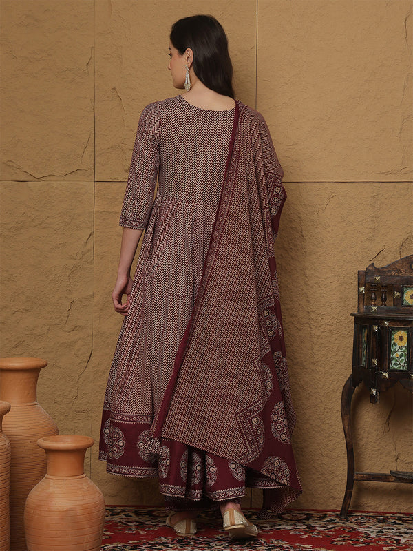 Kimayra Cotton Calf Length Printed 3/4 Sleeves V-Neck Anarkali Kurta Suit Set