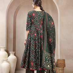 Kimayra Cotton Calf Length Printed 3/4 Sleeve Angrakha Flared Kurta Suit Set