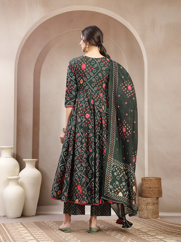 Kimayra Cotton Calf Length Printed 3/4 Sleeve Angrakha Flared Kurta Suit Set