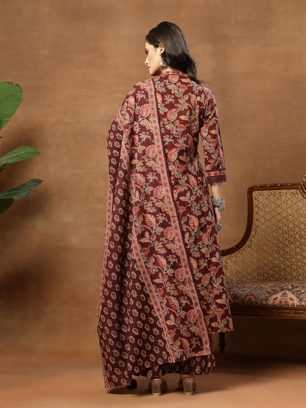 Kimayra Cotton Calf Length Printed 3/4 Sleeve V-Neck Flared Kurta Suit Set