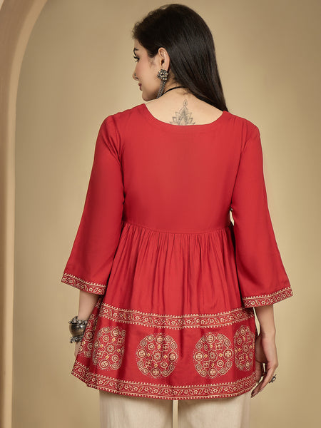 Kimayra Rayon Hip Length Printed 3/4 Sleeve Square Flared Top
