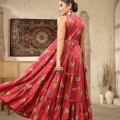 Kimayra Cotton Calf Length Printed Sleeveless Key Hole Neck Flared Kurta