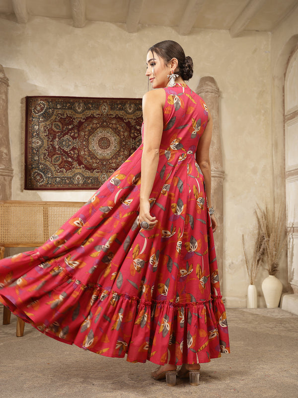 Kimayra Cotton Calf Length Printed Sleeveless Key Hole Neck Flared Kurta