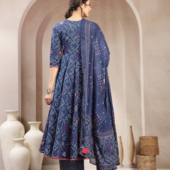 Kimayra Cotton Calf Length Printed 3/4 Sleeve Angrakha Flared Kurta Suit Set