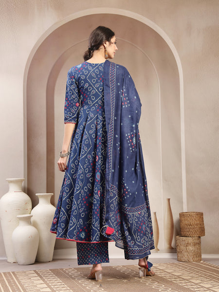 Kimayra Cotton Calf Length Printed 3/4 Sleeve Angrakha Flared Kurta Suit Set