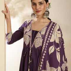 Kimayra Cotton Calf Length Printed 3/4 Sleeve V-Neck Anarkali Kurta Suit Set