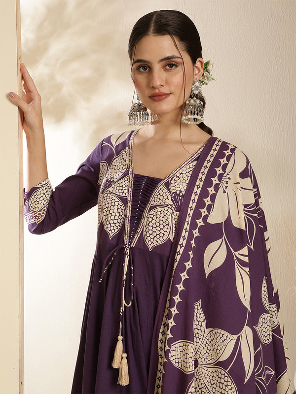 Kimayra Cotton Calf Length Printed 3/4 Sleeve V-Neck Anarkali Kurta Suit Set