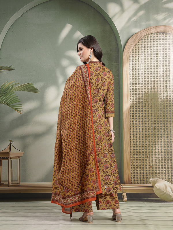 Kimayra Cotton Calf Length Printed 3/4 Sleeve V-Neck Flared Kurta Suit Set
