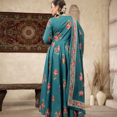 Kimayra Cotton Calf Length Printed 3/4 Sleeve Round Neck Flared Kurta Suit Set