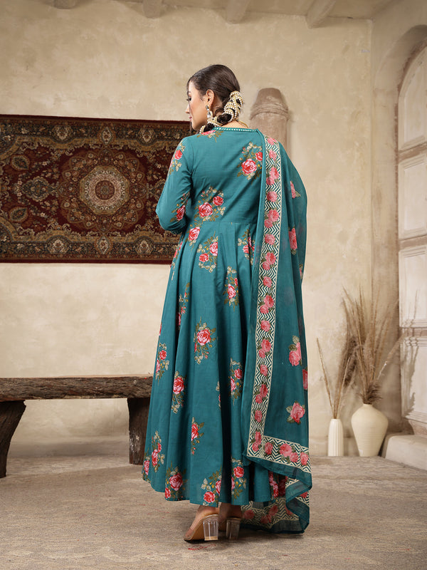 Kimayra Cotton Calf Length Printed 3/4 Sleeve Round Neck Flared Kurta Suit Set