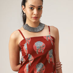 Kimayra Cotton Calf Length Printed Sleeveless Square Neck Straight Dress